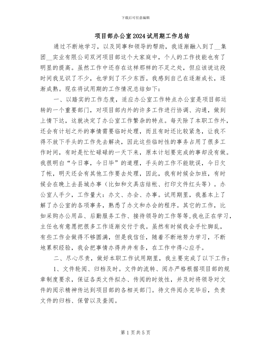 项目部办公室2024试用期工作总结_第1页