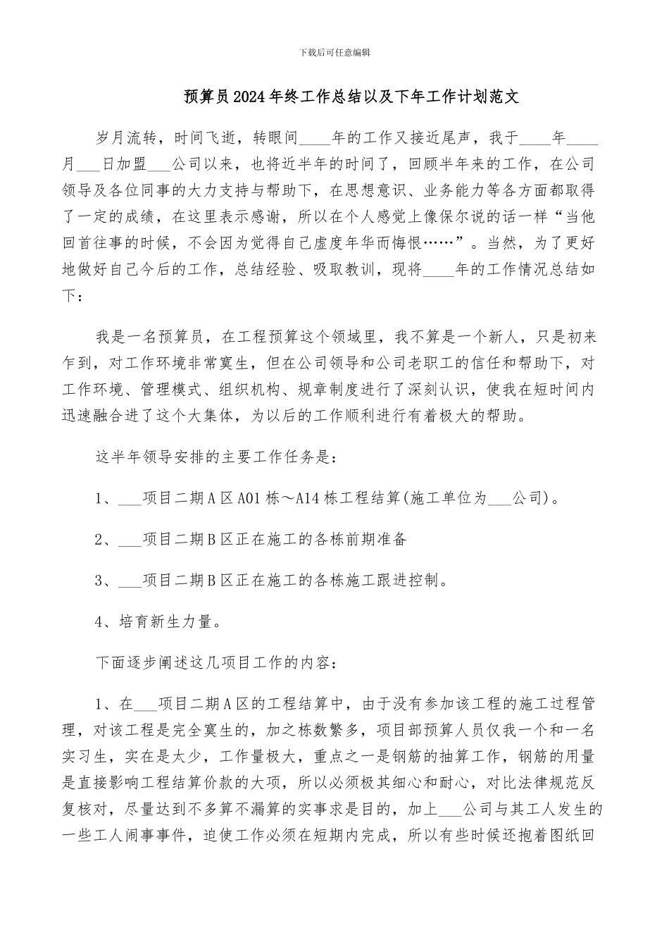 预算员2024年终工作总结以及下年工作计划范文_第1页