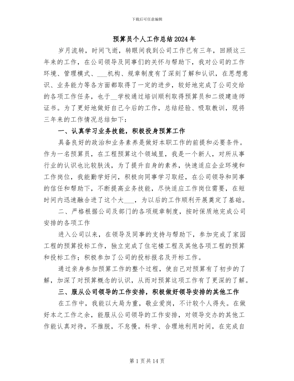 预算员个人工作总结2024年_第1页
