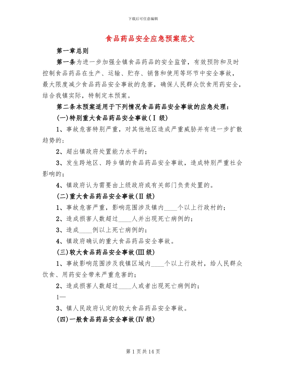 食品药品安全应急预案范文_第1页