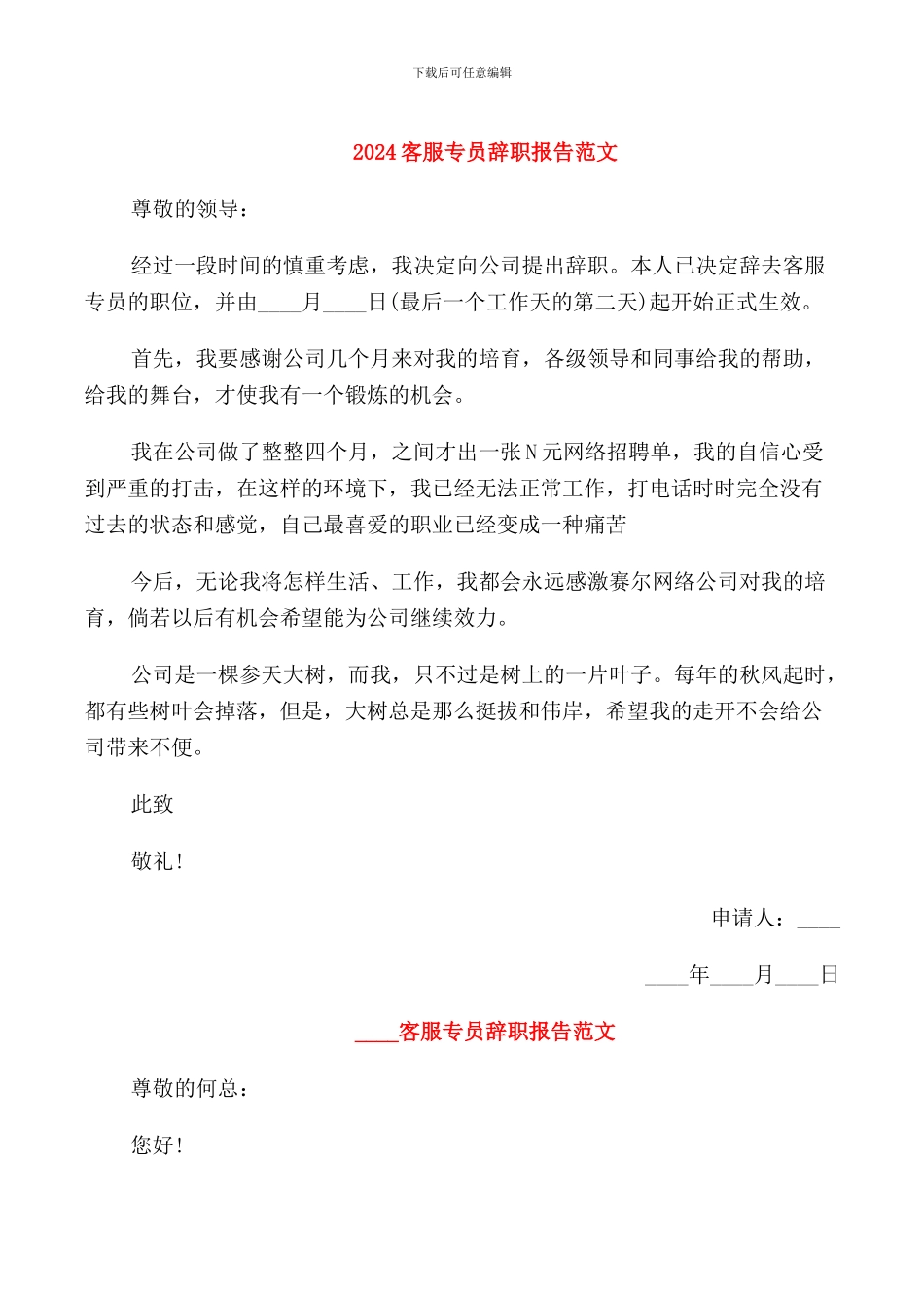 2024客服专员辞职报告范文_第1页