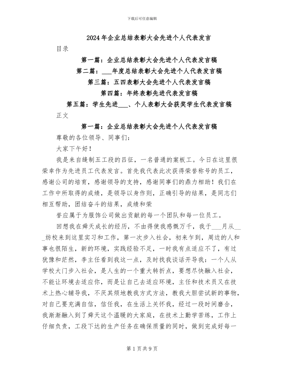 2024年企业总结表彰大会先进个人代表发言_第1页