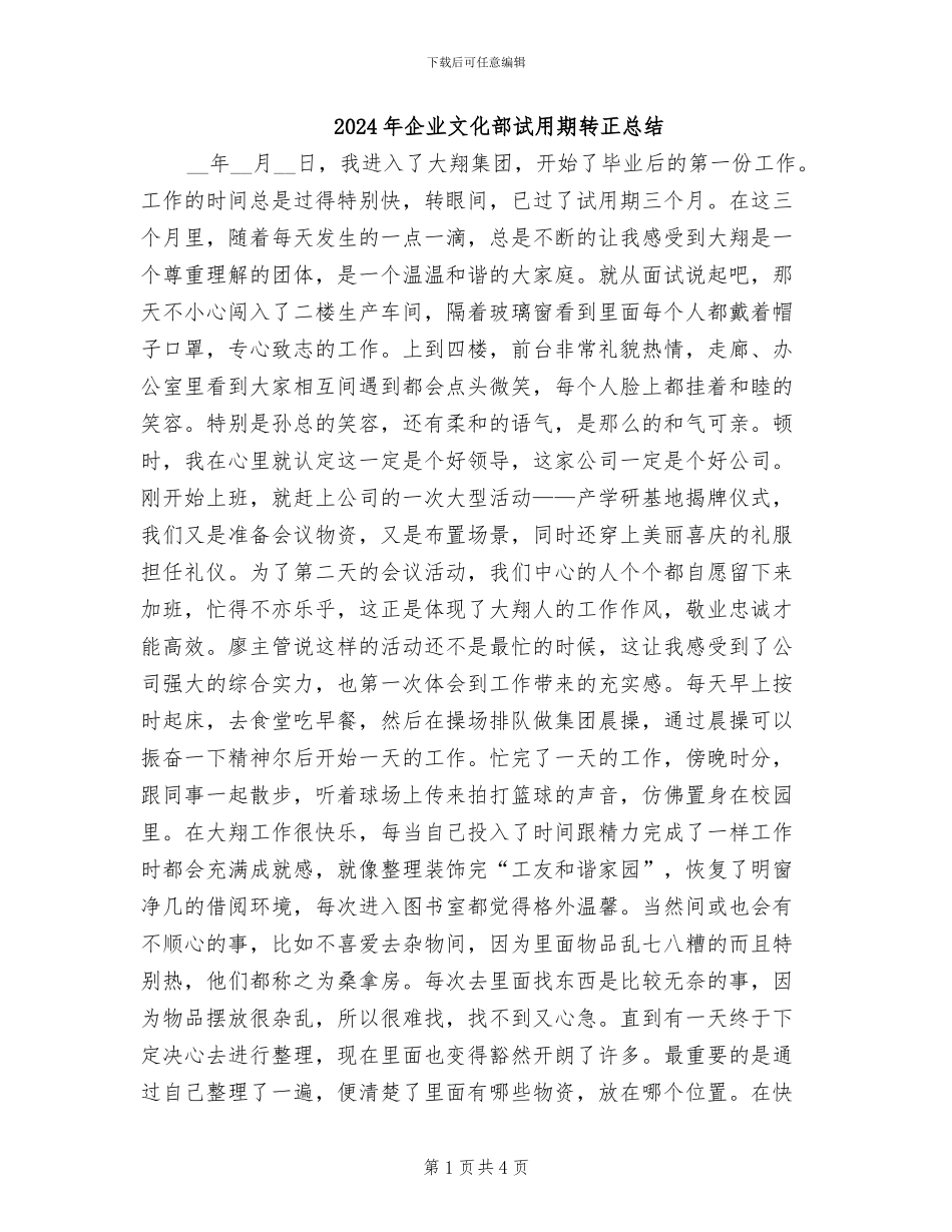 2024年企业文化部试用期转正总结_第1页