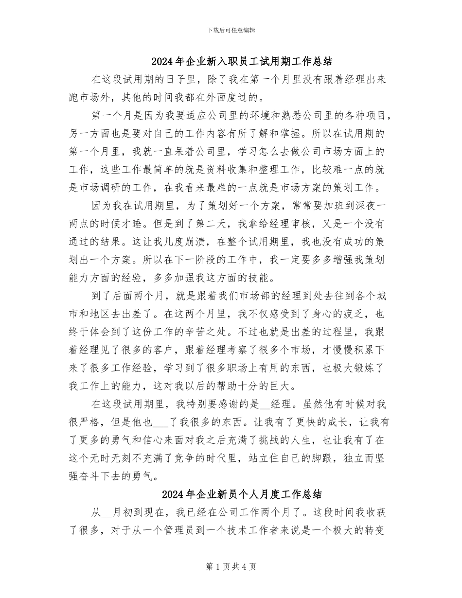 2024年企业新入职员工试用期工作总结_第1页