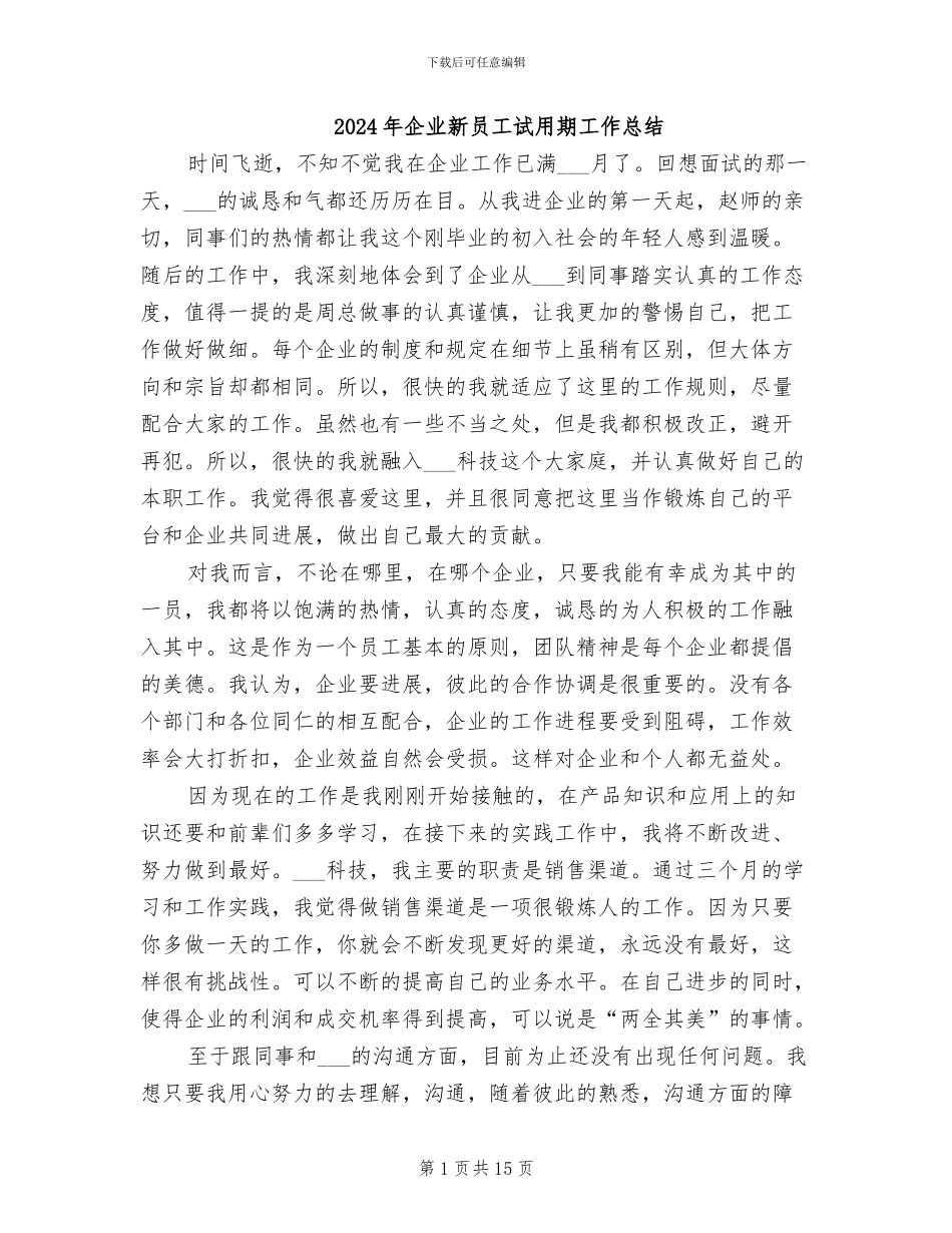 2024年企业新员工试用期工作总结_第1页
