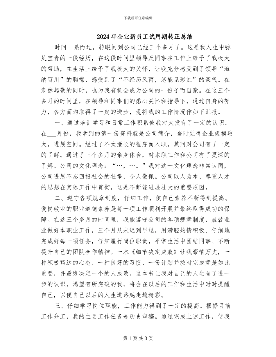 2024年企业新员工试用期转正总结_第1页