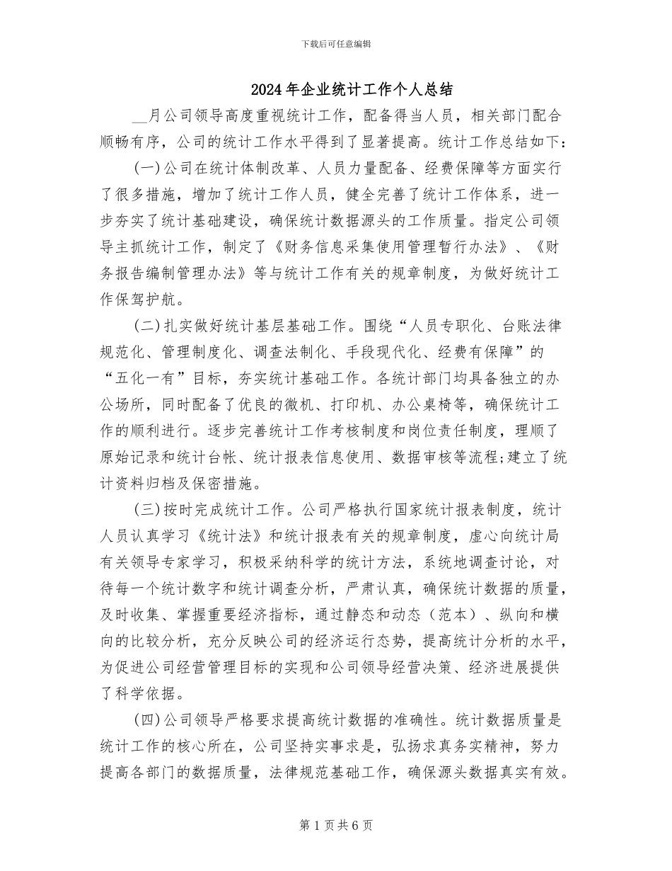 2024年企业统计工作个人总结_第1页