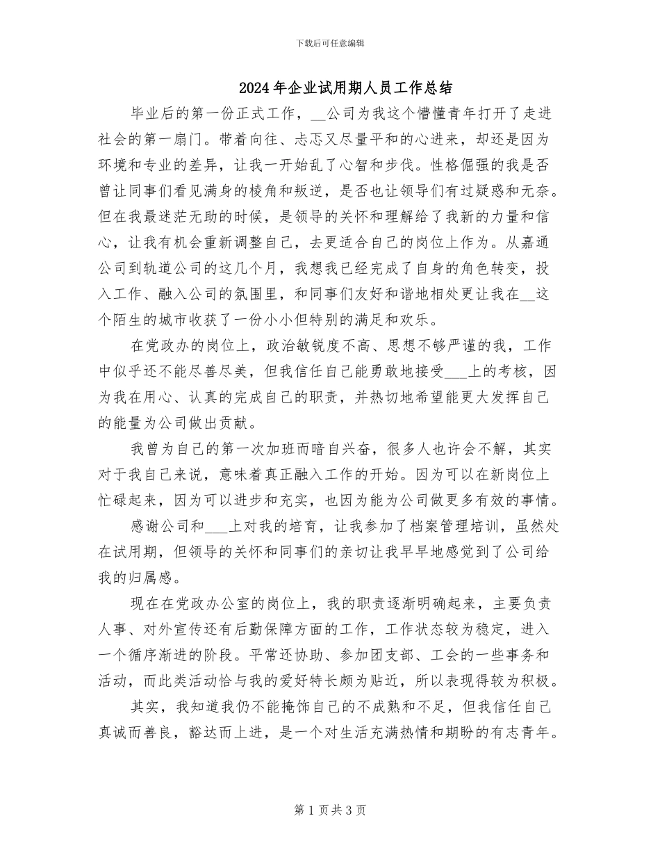 2024年企业试用期人员工作总结_第1页