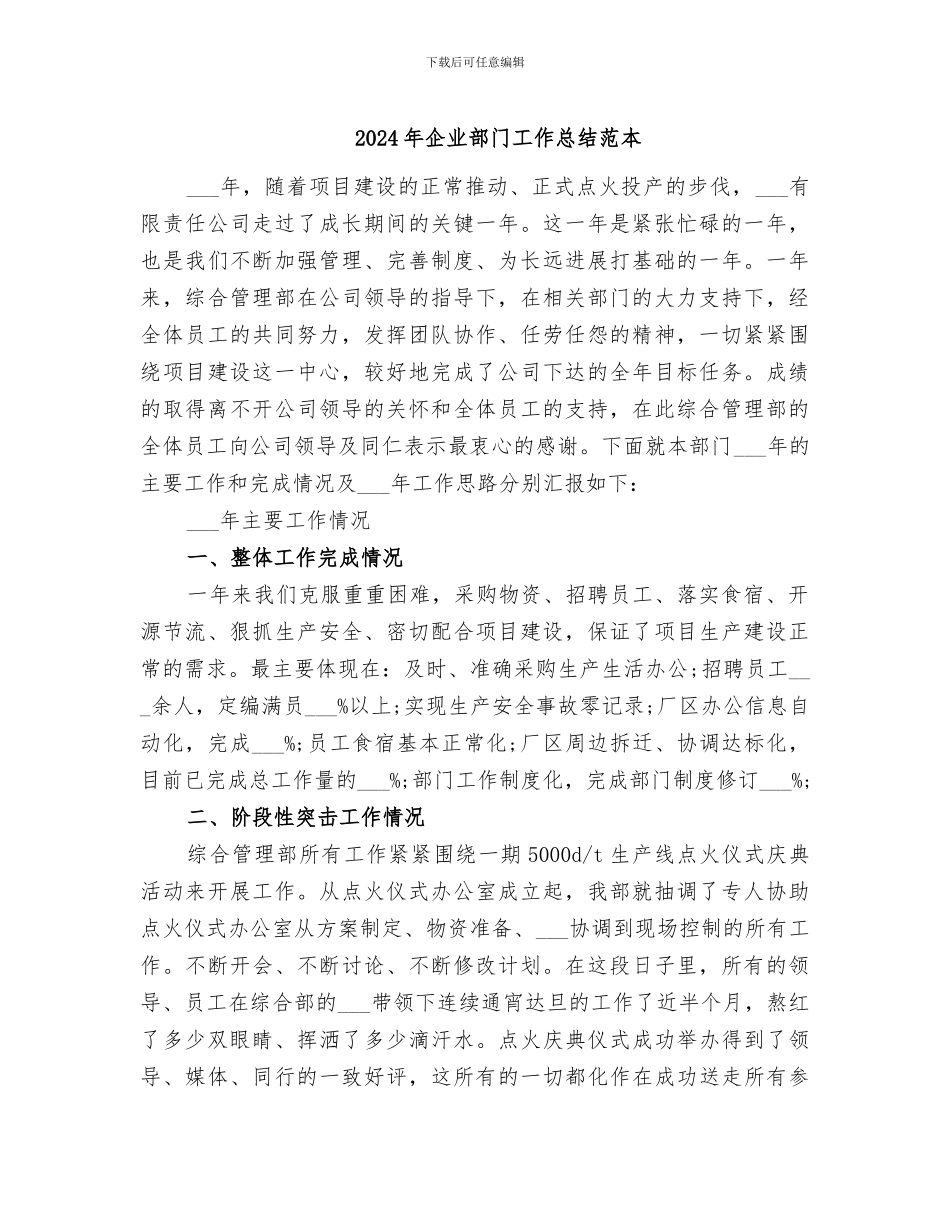 2024年企业部门工作总结范本_第1页