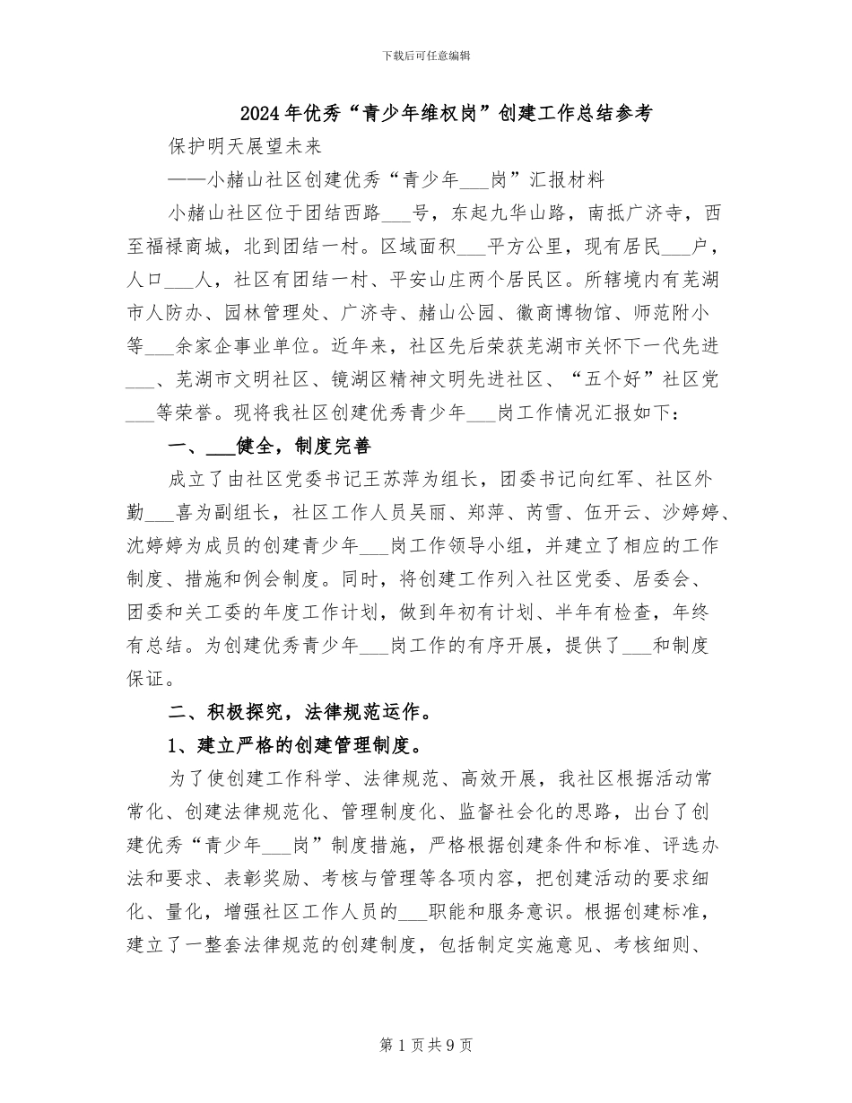 2024年优秀“青少年维权岗”创建工作总结参考_第1页