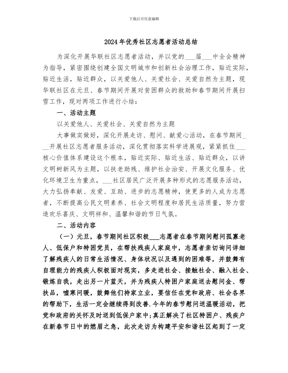 2024年优秀社区志愿者活动总结_第1页