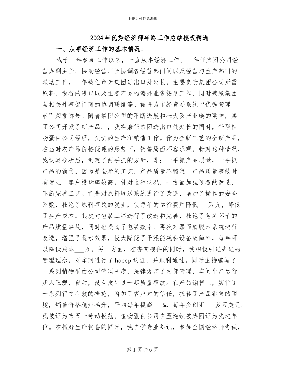 2024年优秀经济师年终工作总结模板精选_第1页