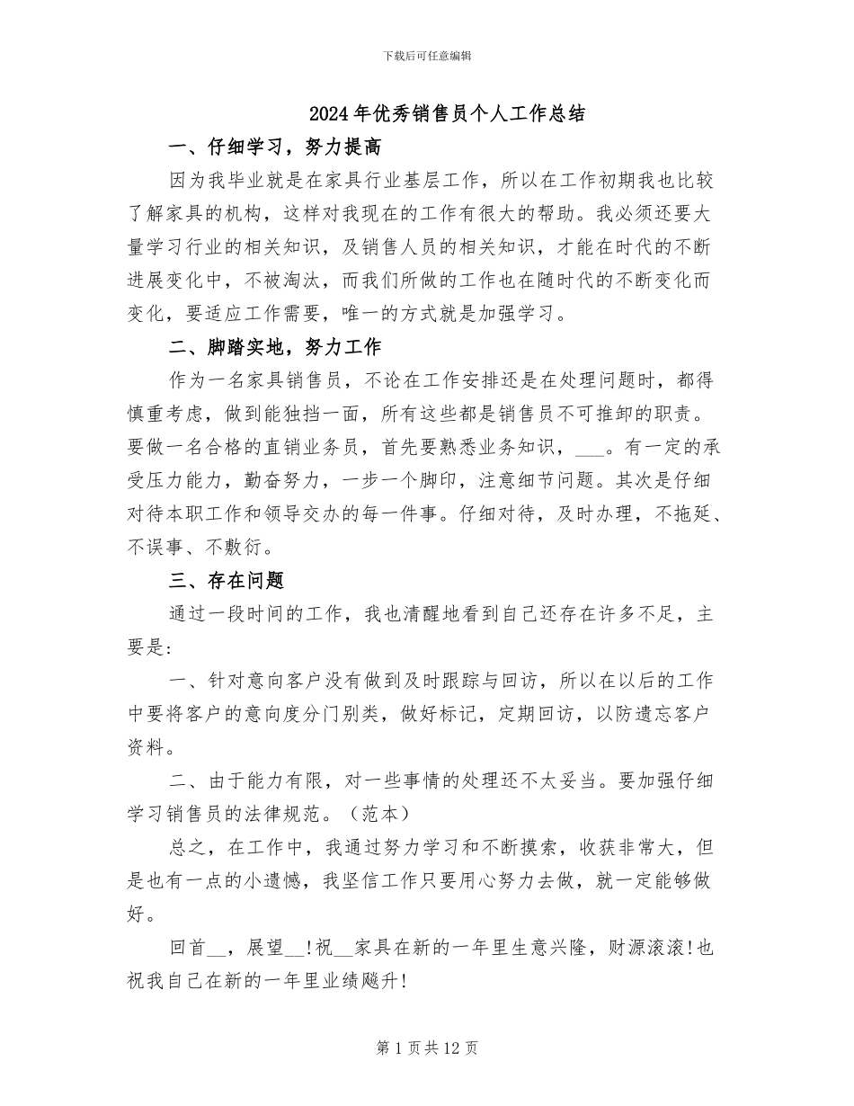 2024年优秀销售员个人工作总结_第1页