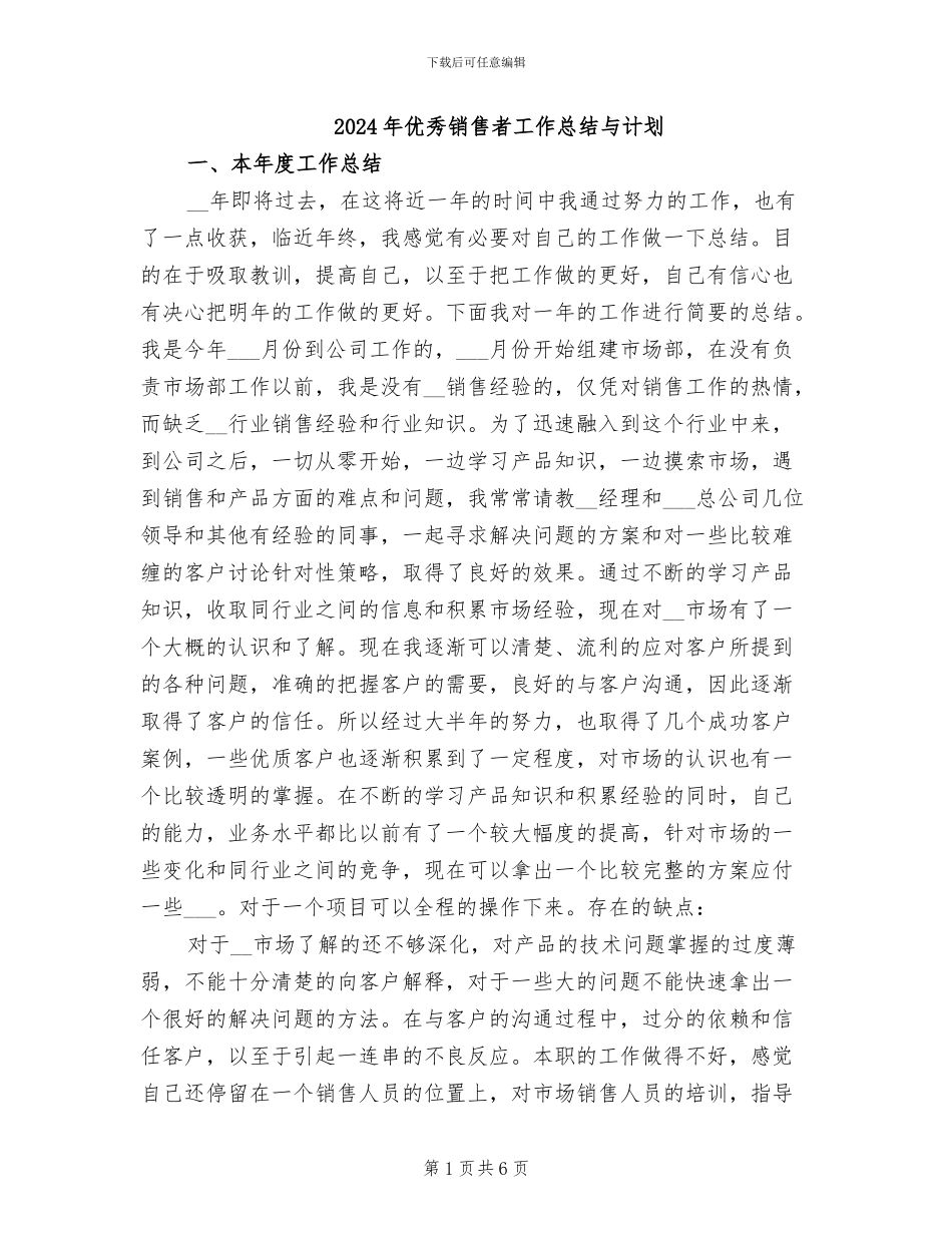 2024年优秀销售者工作总结与计划_第1页