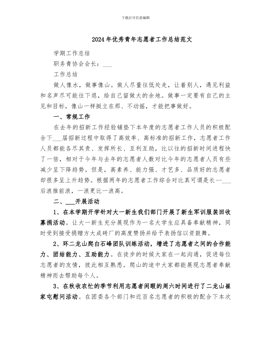 2024年优秀青年志愿者工作总结范文_第1页