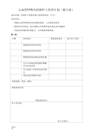 心血管呼吸科新护士培训计划清单(独立)