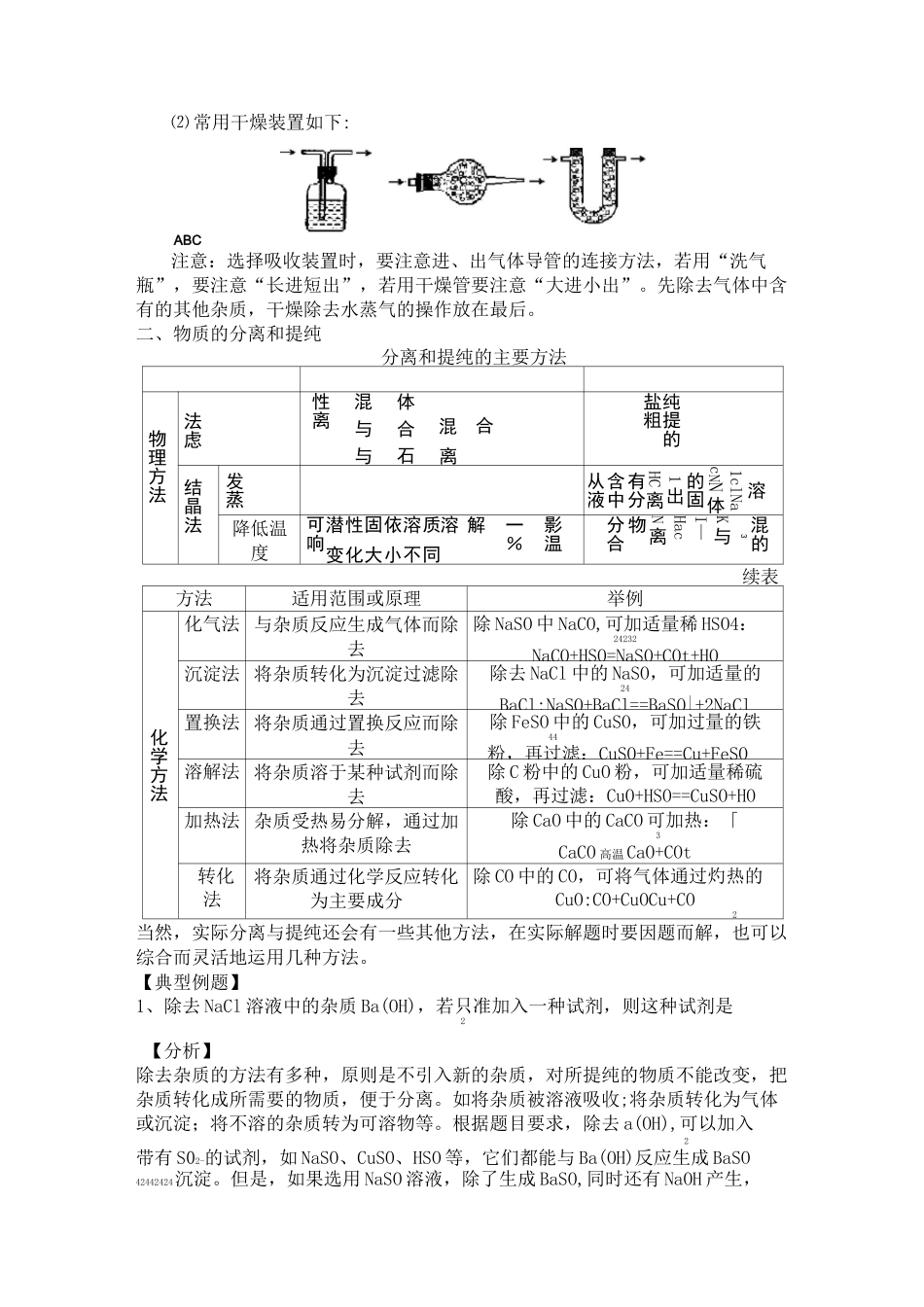 九年级化学《物质的分离、除杂和提纯》  专题复习及答案_第2页