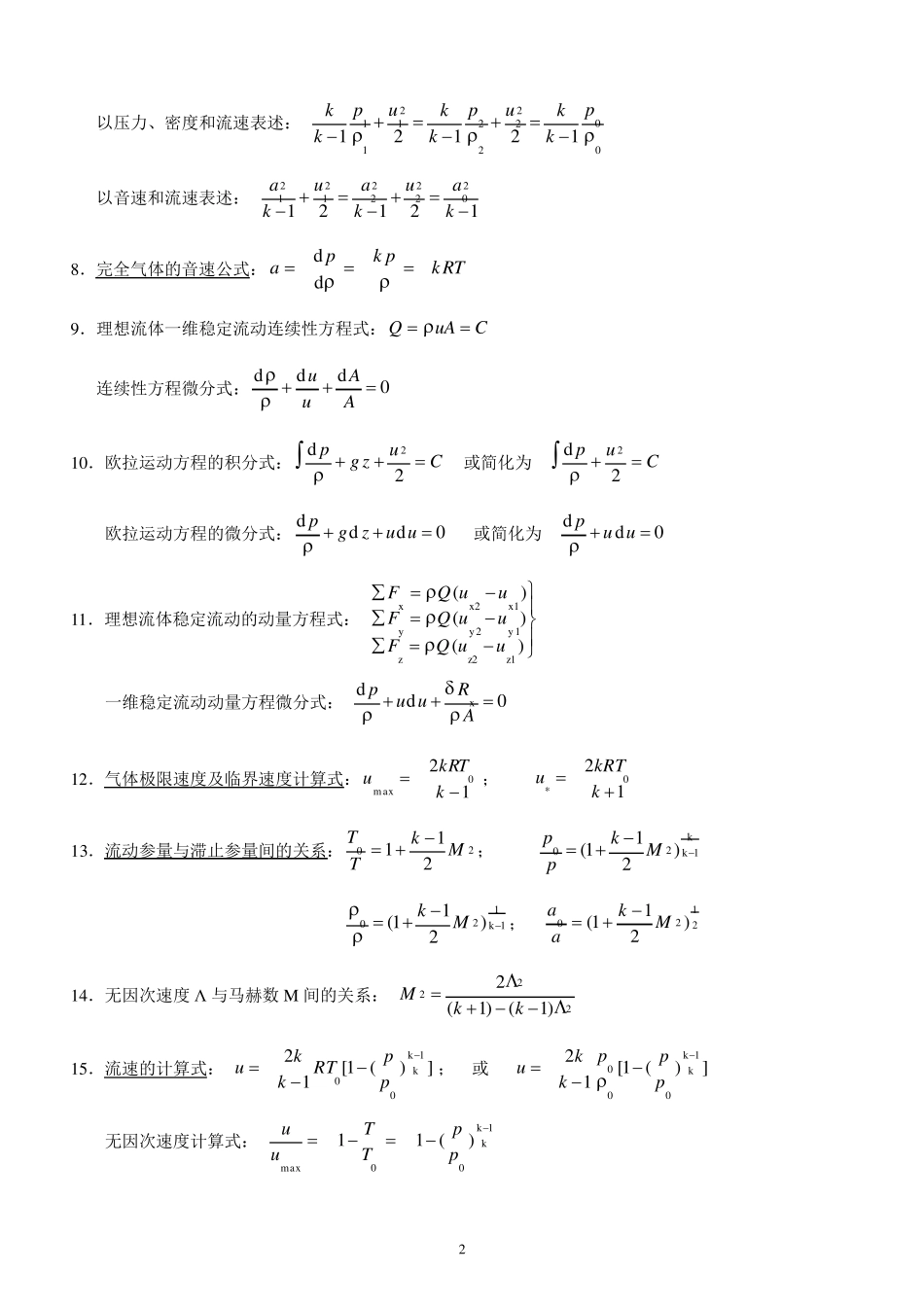 《流体力学》Ⅱ主要公式及方程式_第2页