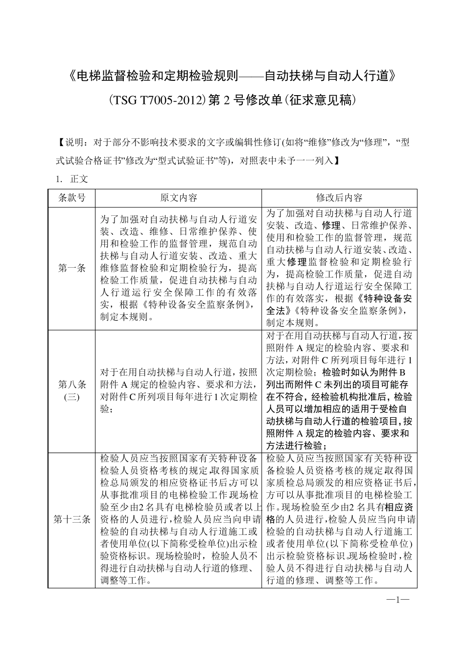 《电梯监督检验和定期检验规则—自动扶梯和自动人行道》(TSGT70052009)第2号修改单_第1页