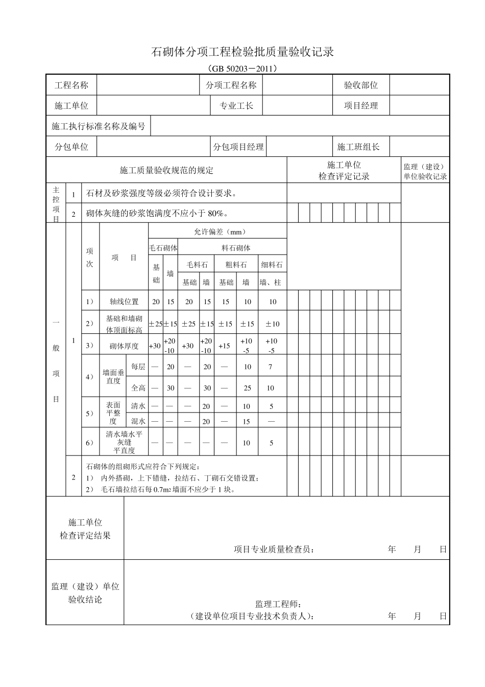 《砌体结构工程施工质量验收规范》(GB502032011)检验批质量验收记录用表_第3页