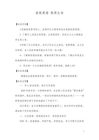 《致敬英雄敬畏生命》主题班会教学设计