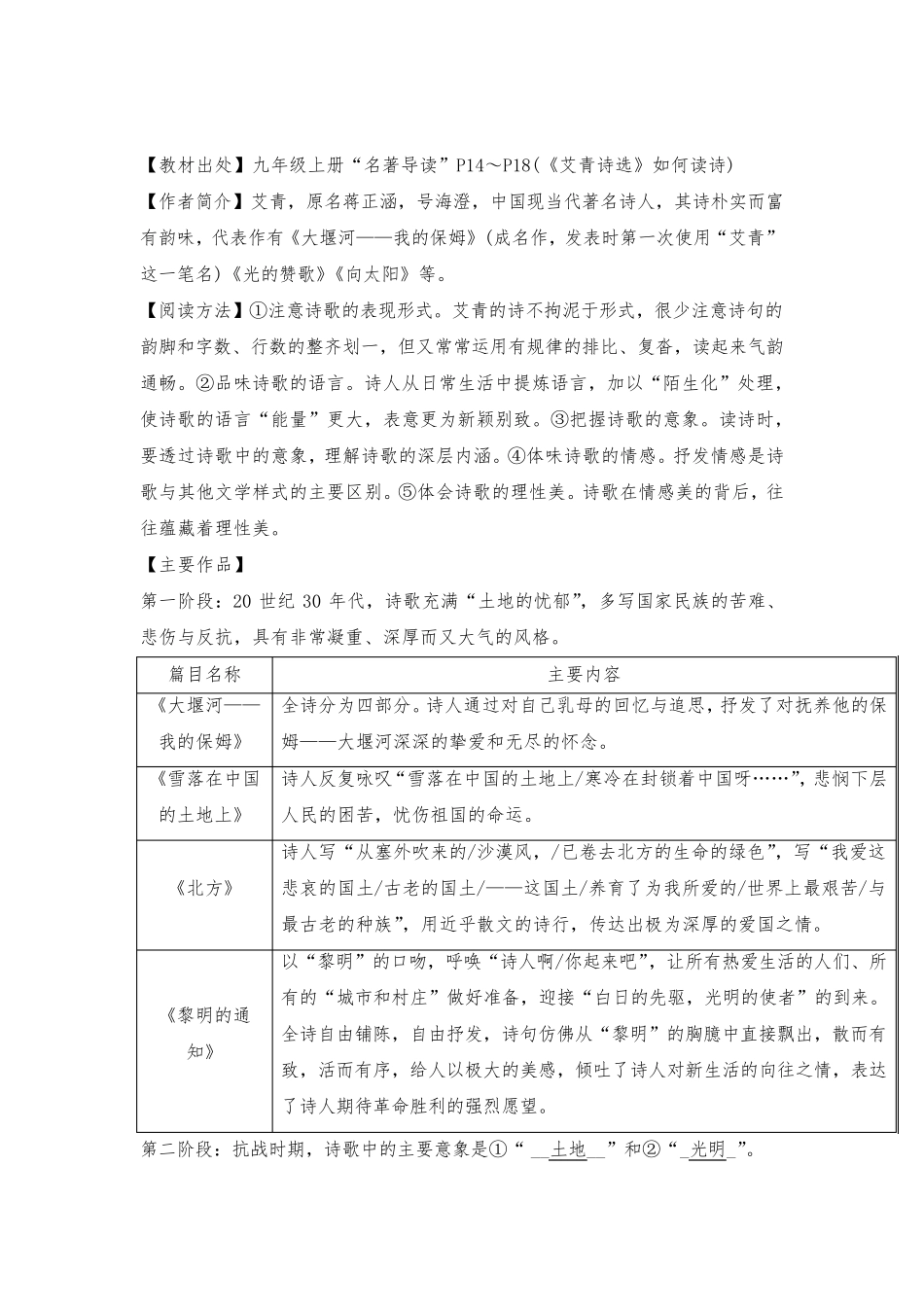 《艾青诗选》(知识梳理+真题演练)2021年中考语文必读名著复习_第1页
