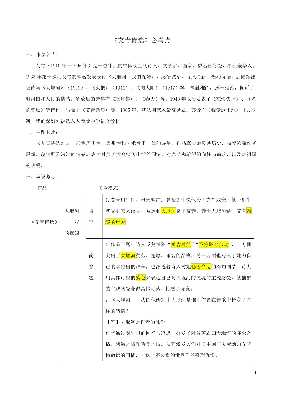 《艾青诗选》必考点_第1页