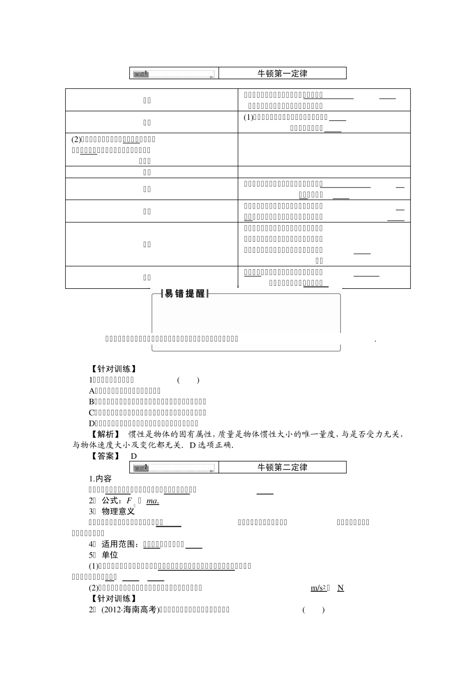 《课堂新坐标》2014届高考物理一轮复习配套word版文档：第三章第1讲牛顿第一、第二定律_第2页