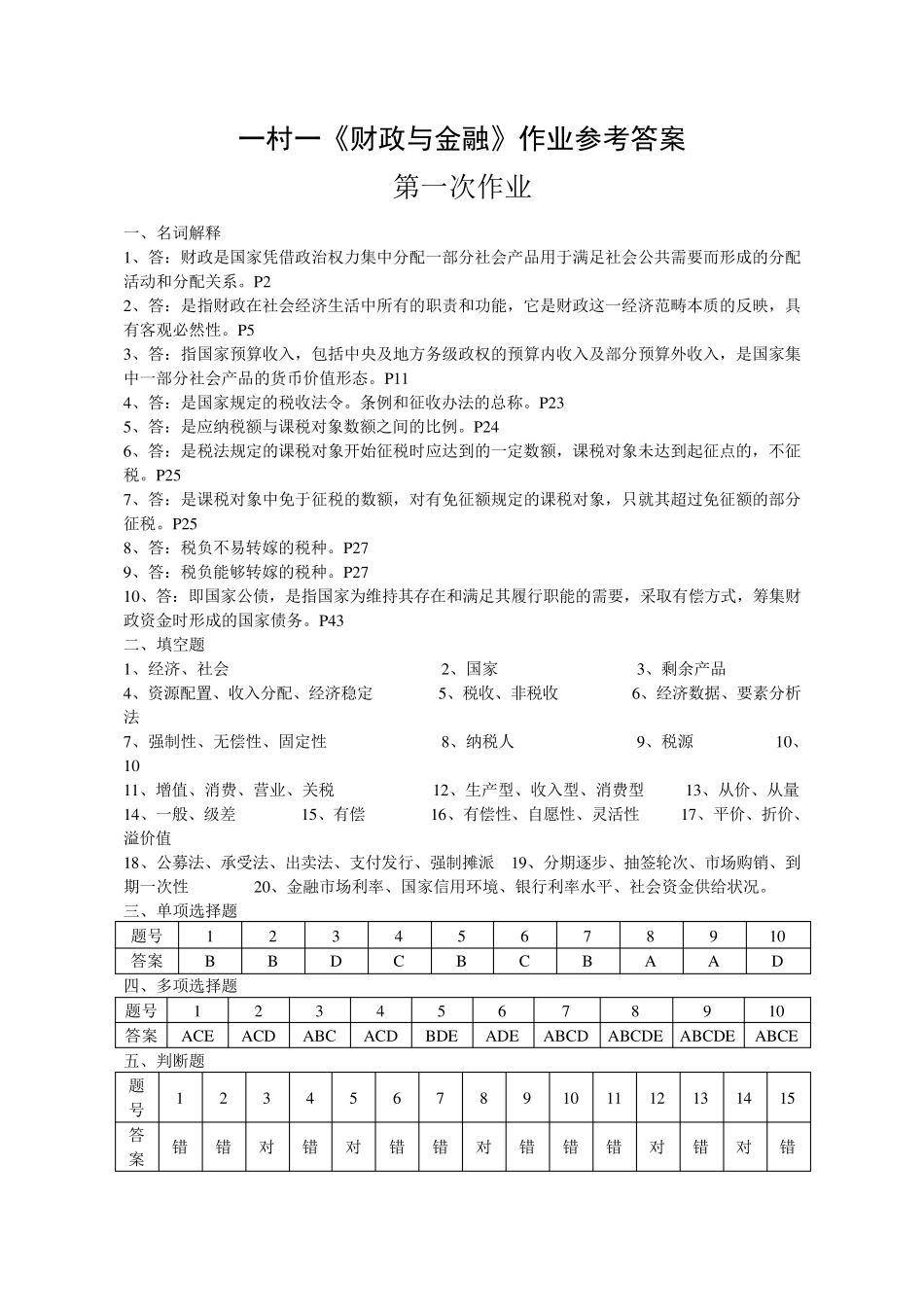 《财政与金融》课程形成性考核册参考答案_第1页