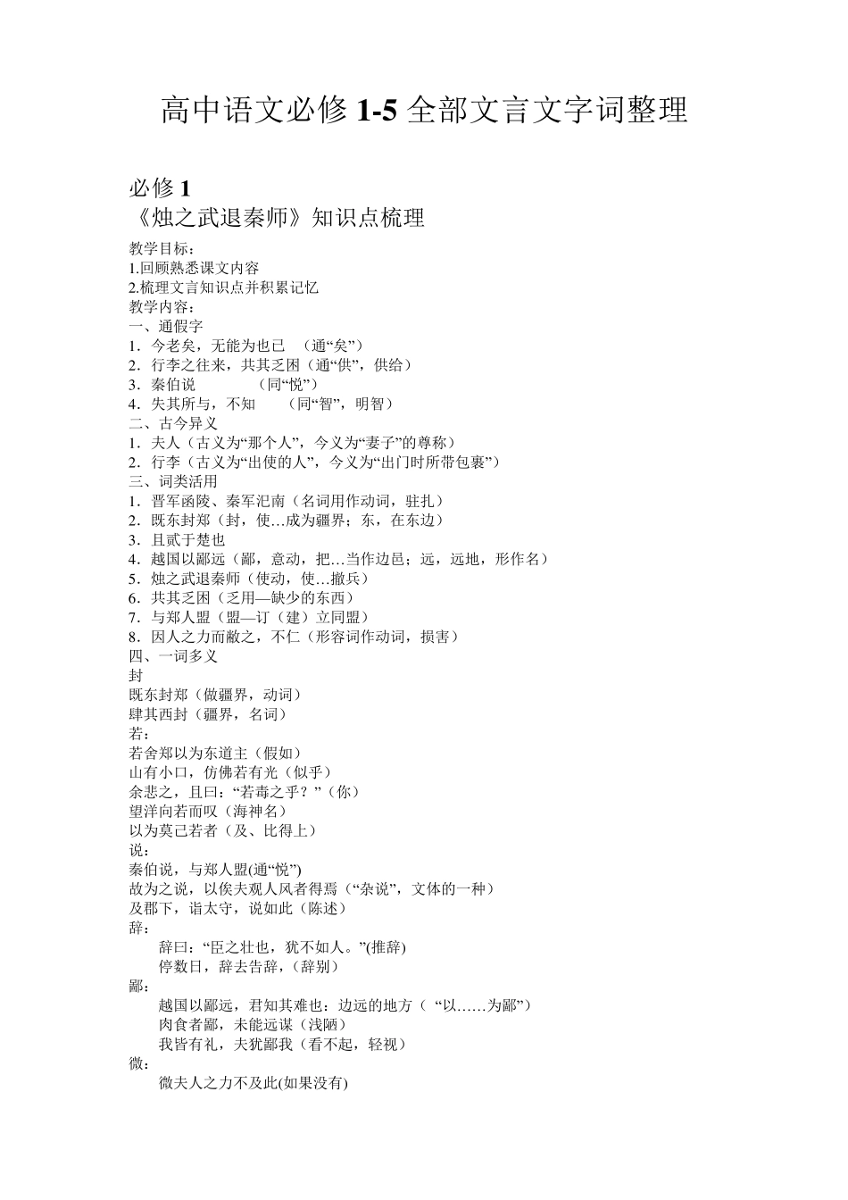 《高中语文必修15全部文言文字词整理》_第1页