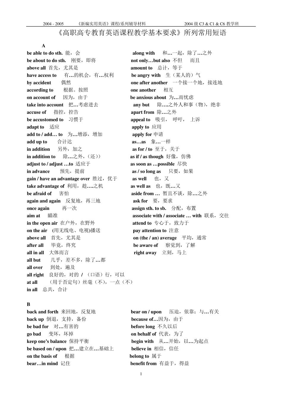 《高职高专教育英语课程教学基本要求》所列常用短语_第1页