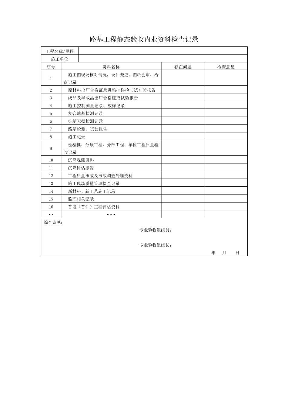 《高速铁路工程静态验收技术规范》(TB107602013)相关表格_第1页