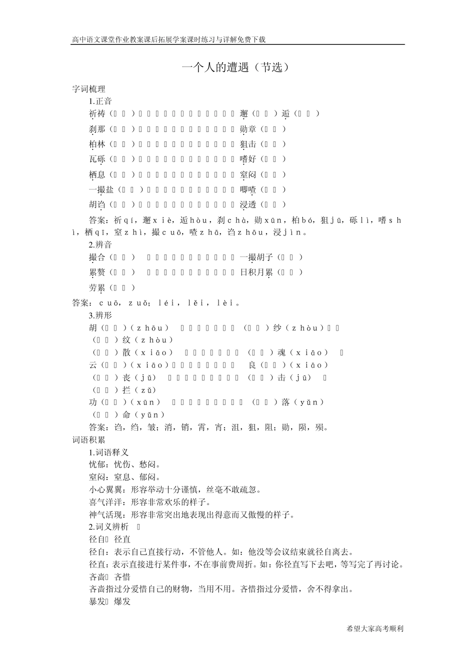 一个人的遭遇(节选)[高中语文课堂作业教案课后拓展学案课时练习与详解][高中语文课时练习与详解]_第1页