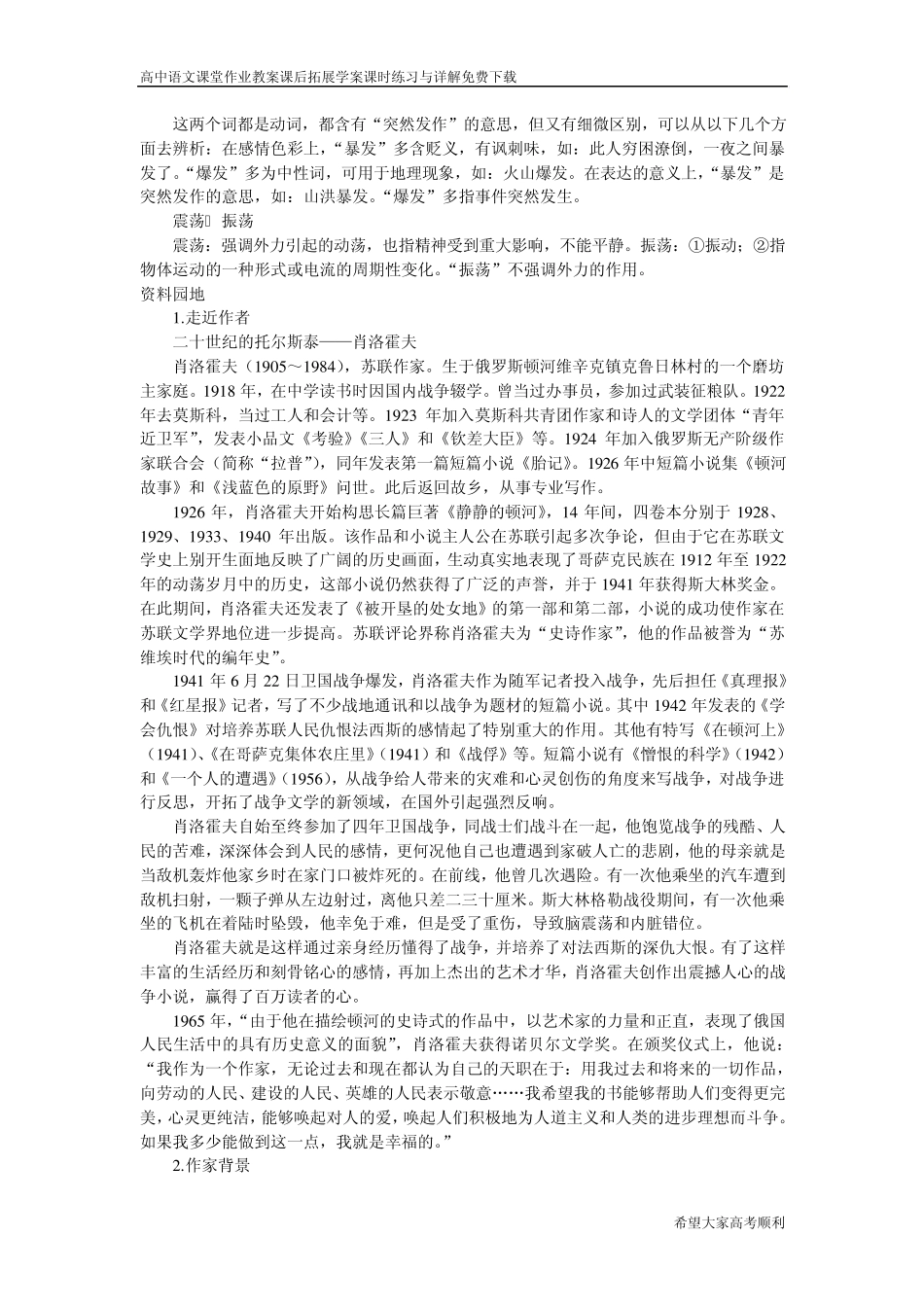 一个人的遭遇(节选)[高中语文课堂作业教案课后拓展学案课时练习与详解][高中语文课时练习与详解]_第2页