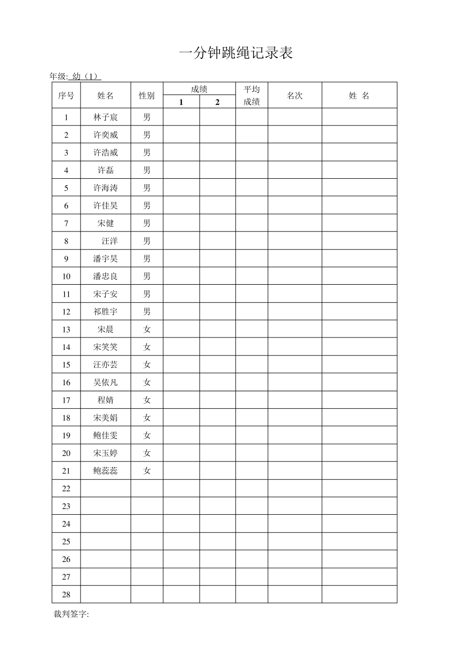 一分钟跳绳记录表_第1页