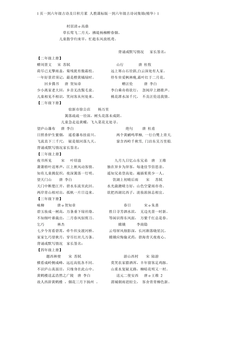 一到六年级古诗及日积月累人教课标版一到六年级古诗词集锦_第1页