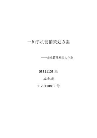 一加手机营销策划方案——企业管理概论大作业