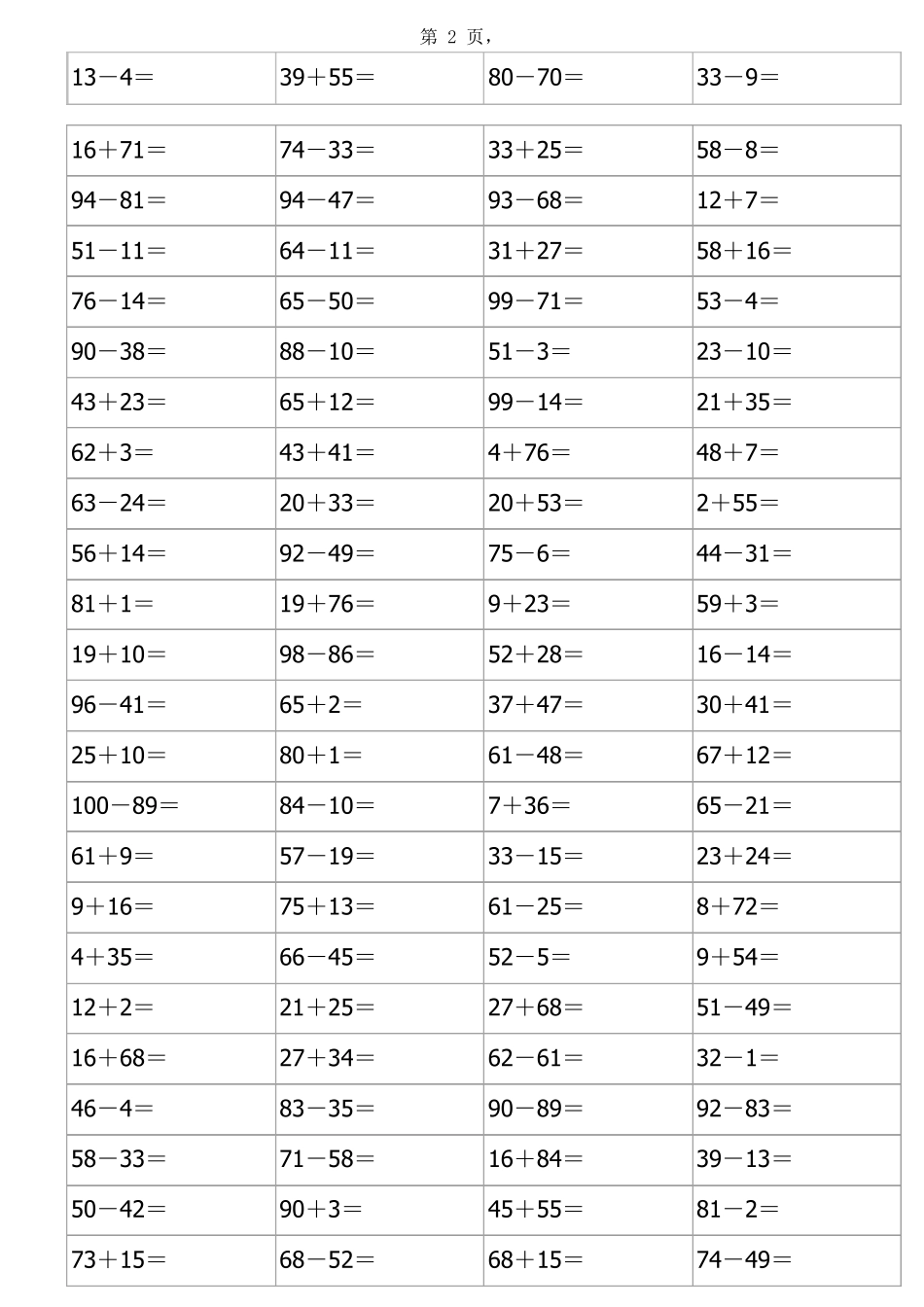 一年级100以内加减法练习题(A4打印)_第2页