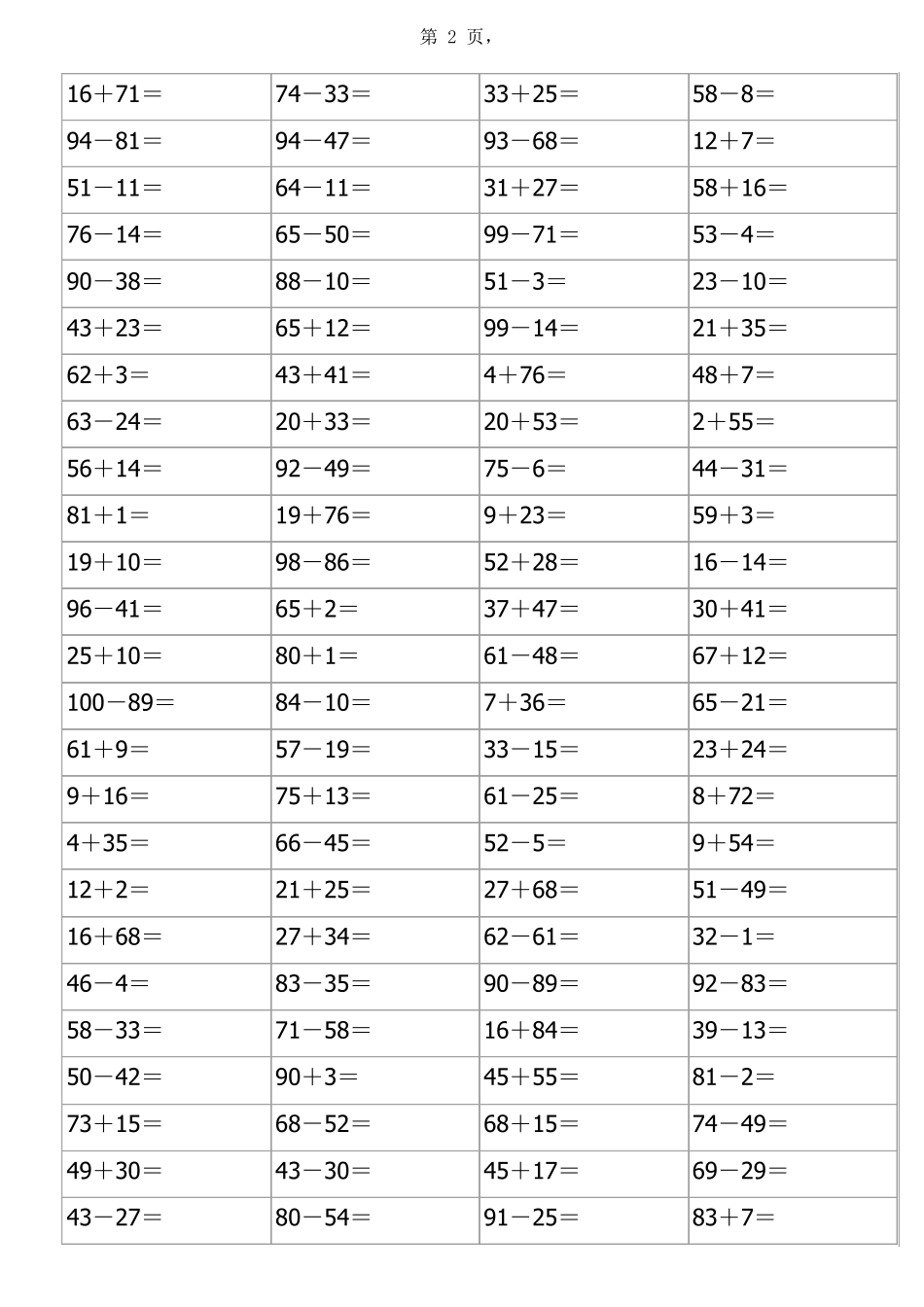 一年级100以内加减法练习题(A4直接打印)_第2页