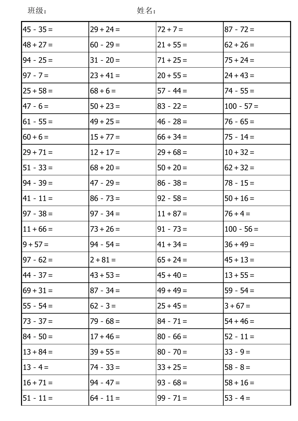 一年级100以内加减法练习题(特别整理)_第1页