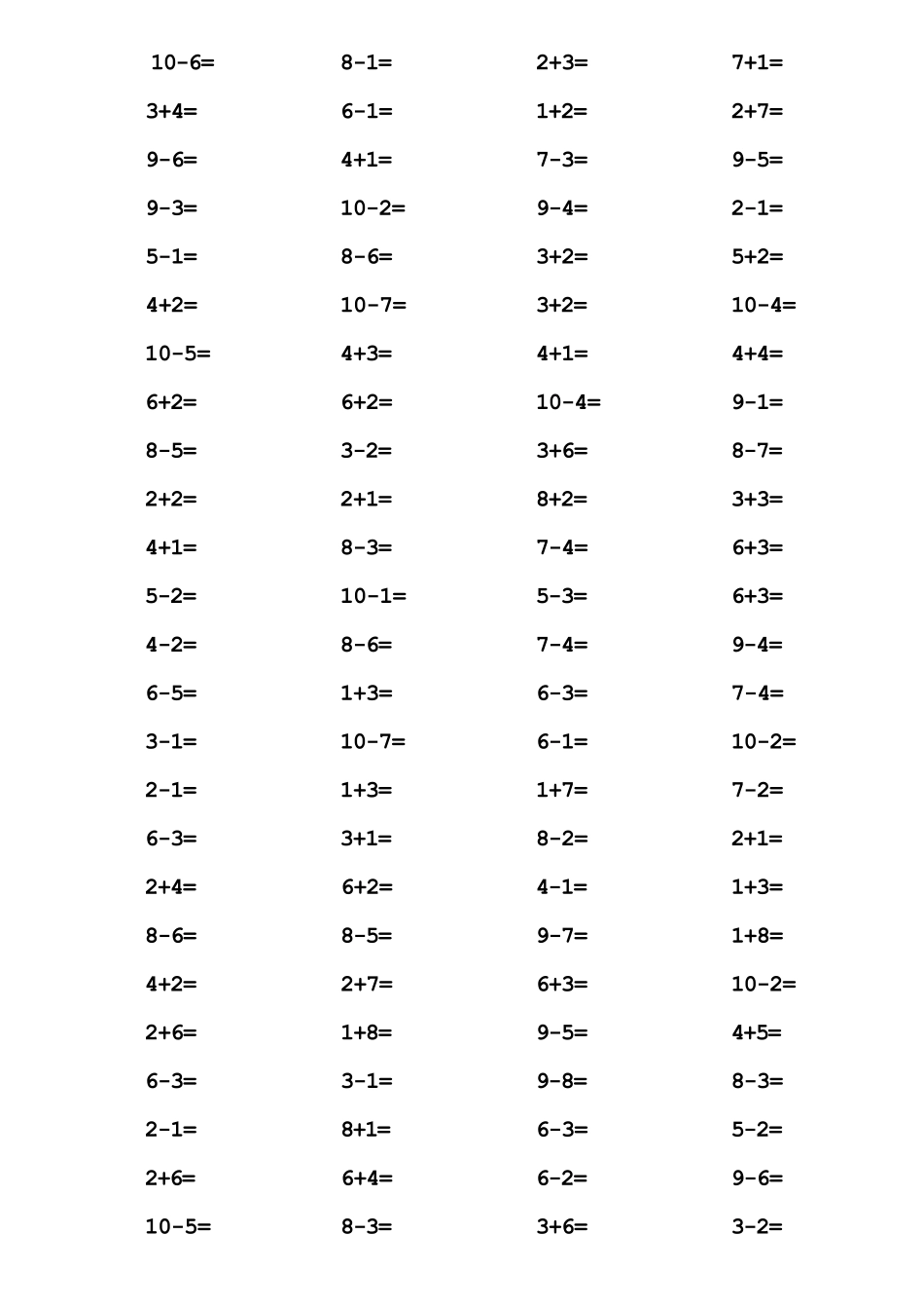 一年级10以内加减法口算题(1000道)(A4直接打印)_第1页