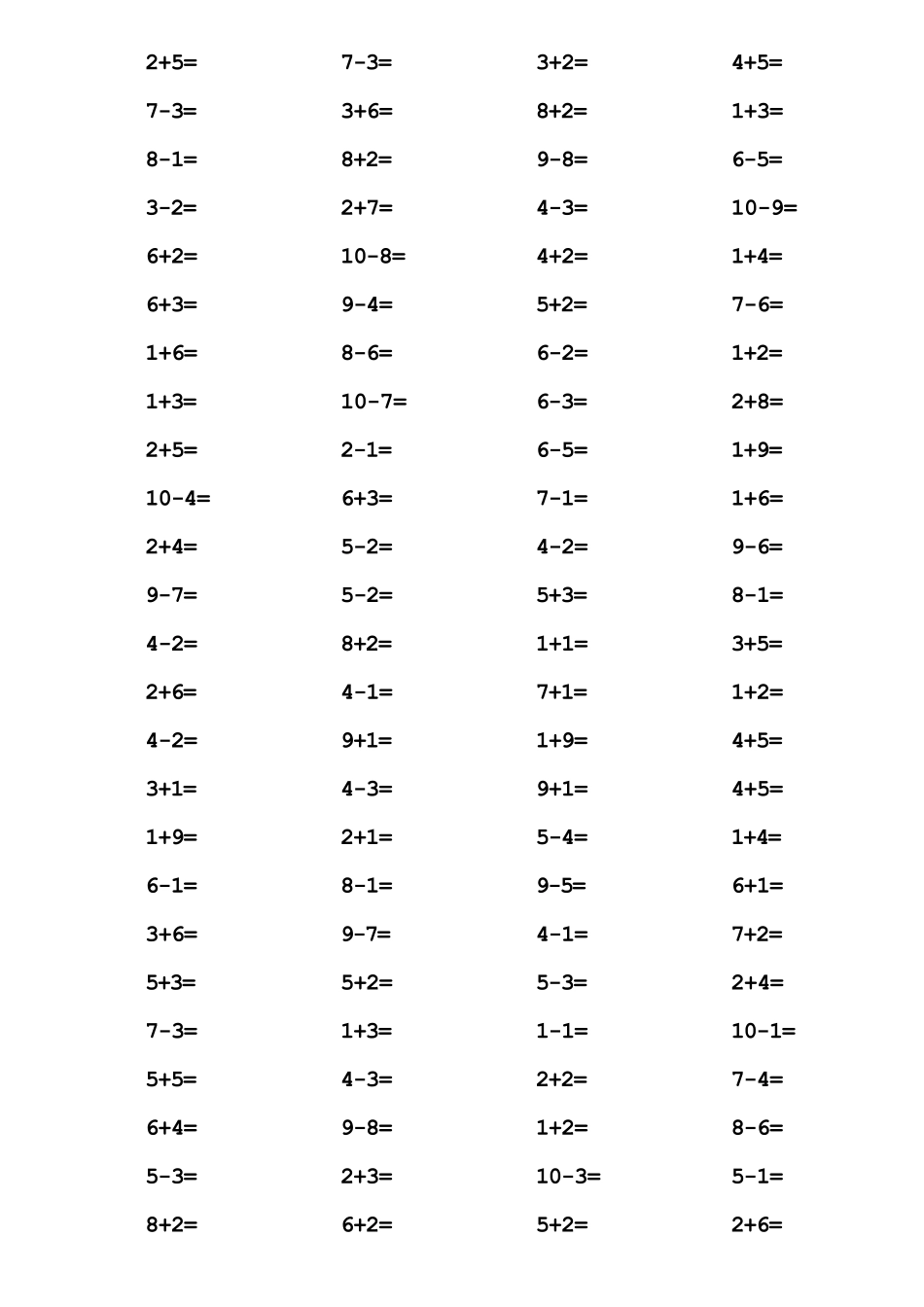 一年级10以内加减法口算题(1000道)(A4直接打印)_第2页