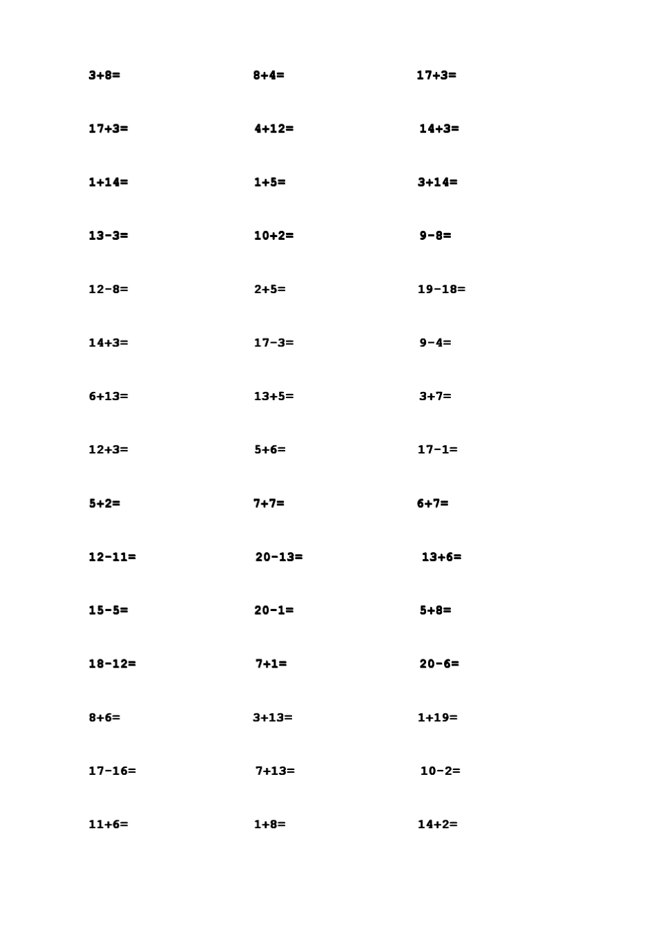一年级20以内加减法口算题(1000道)(A4直接打印)_第2页