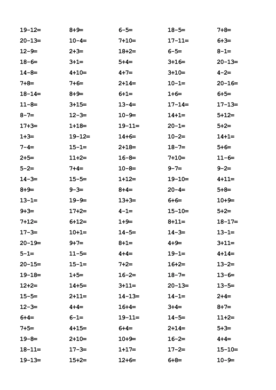 一年级20以内加减法口算题(1000道)(调整好的)_第3页