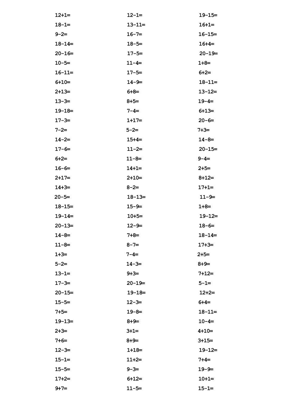 一年级20以内加减法口算题每页120道,总1000道(A4直接打印)_第3页