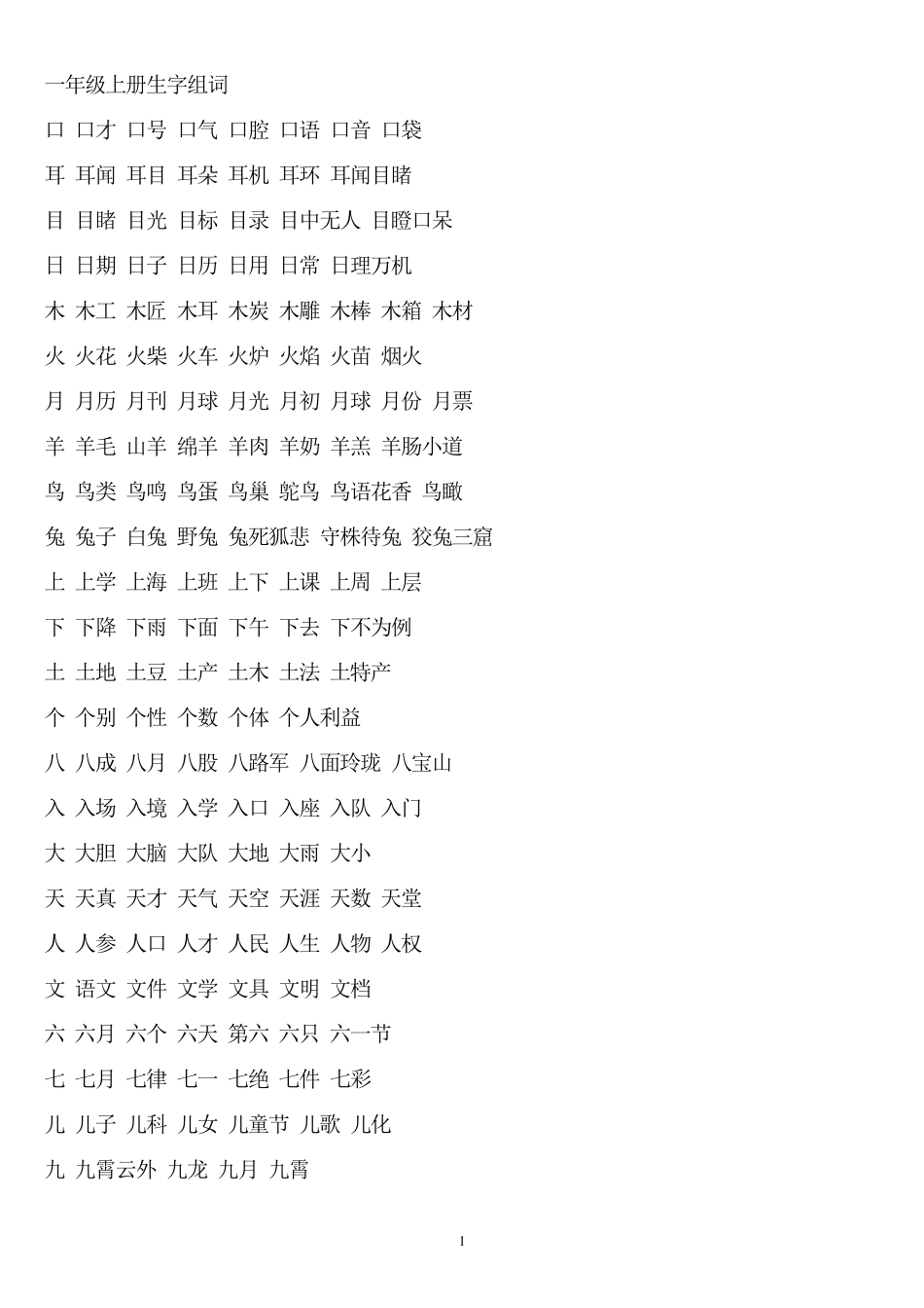 一年级上册生字组词_第1页