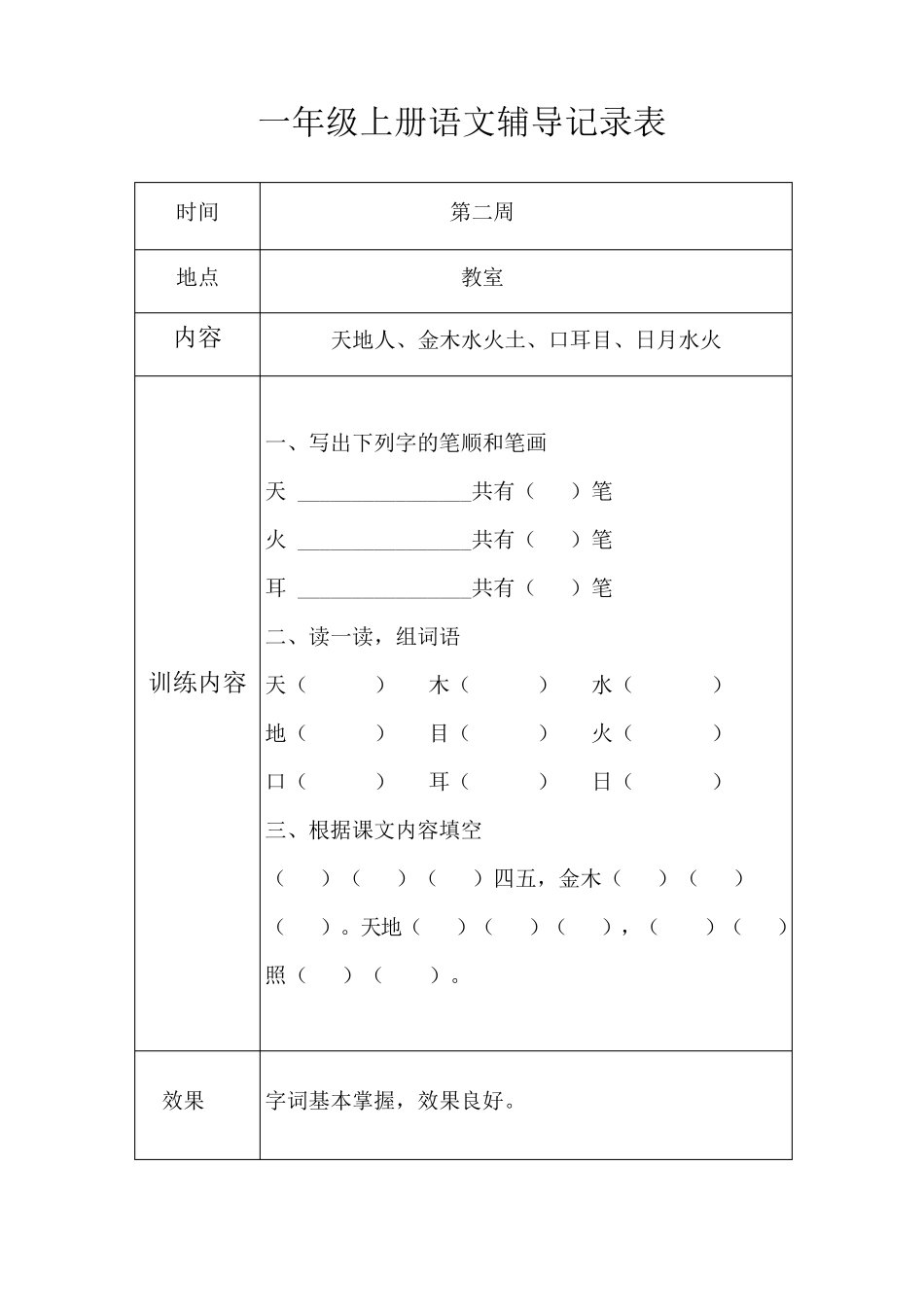 一年级上册语文辅导记录表_第1页