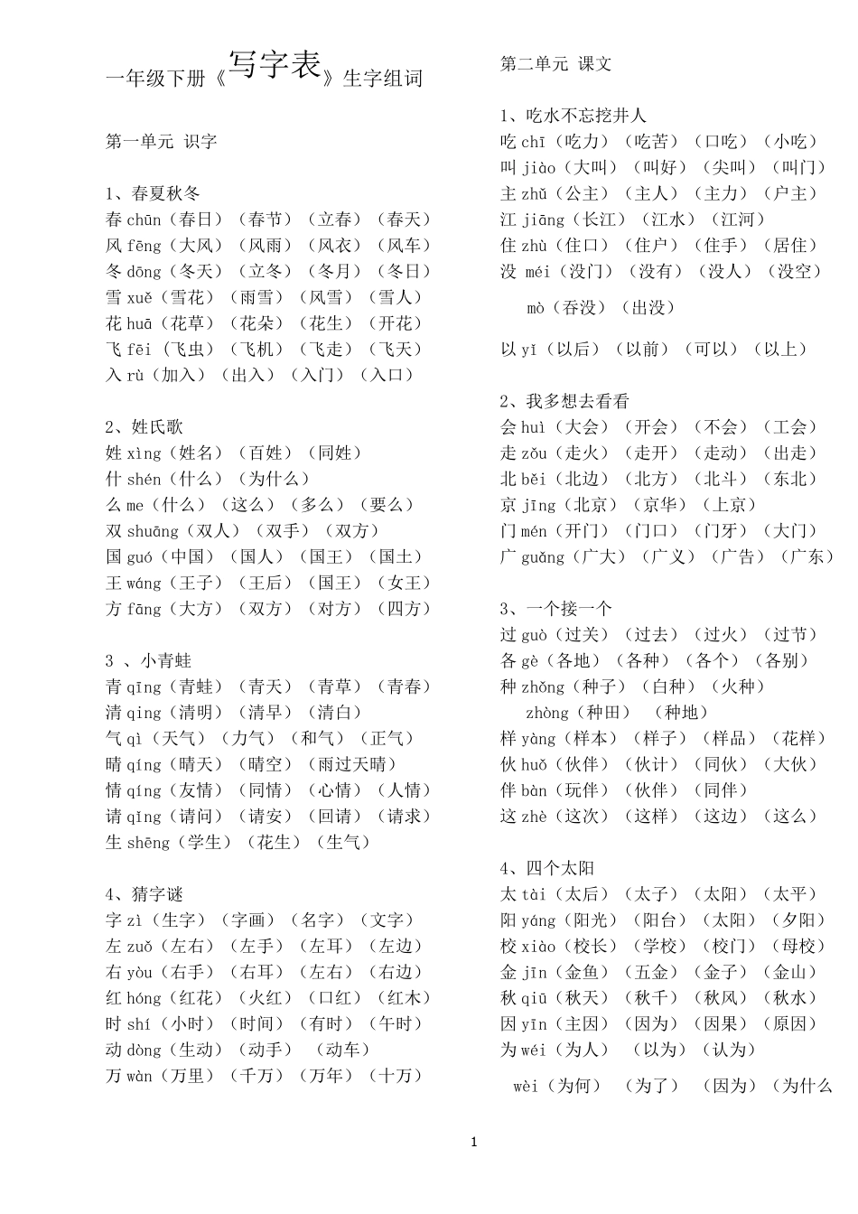 一年级下册生字表组词(可打印)_第1页