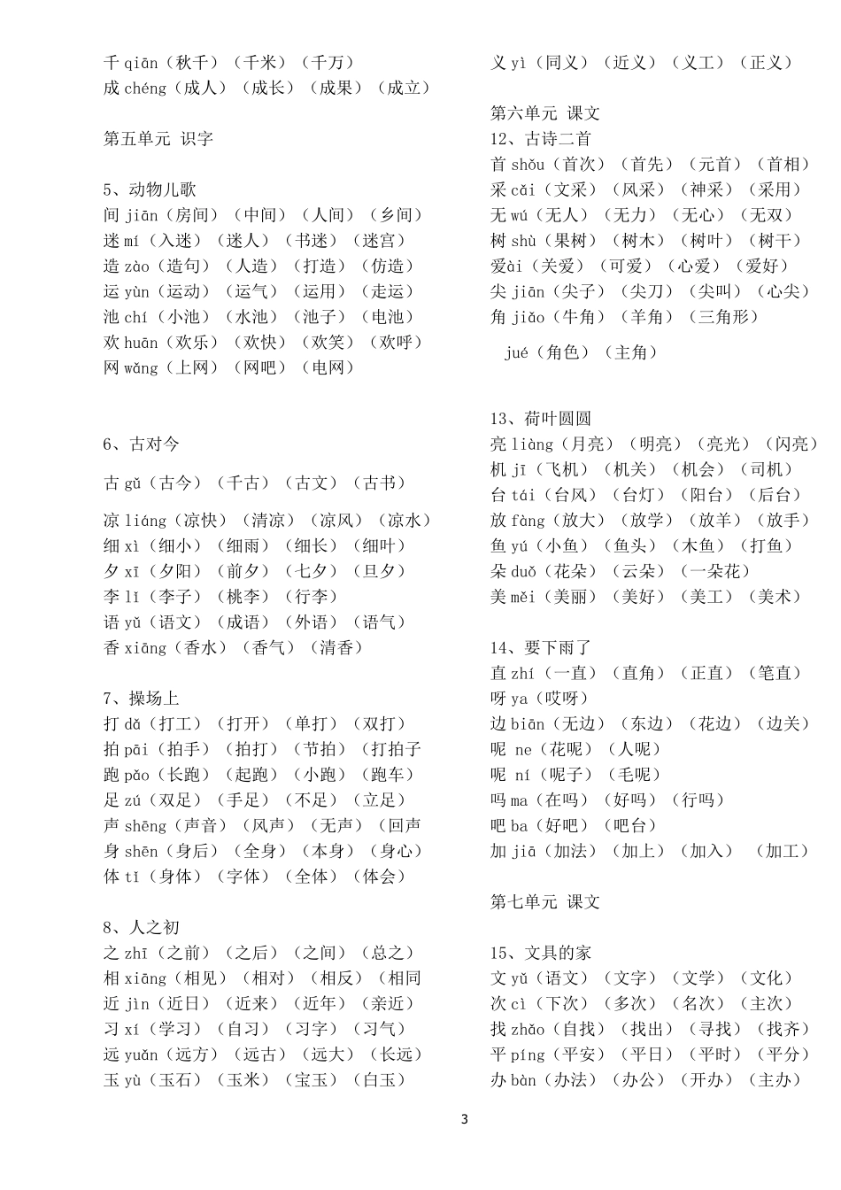 一年级下册生字表组词(可打印)_第3页