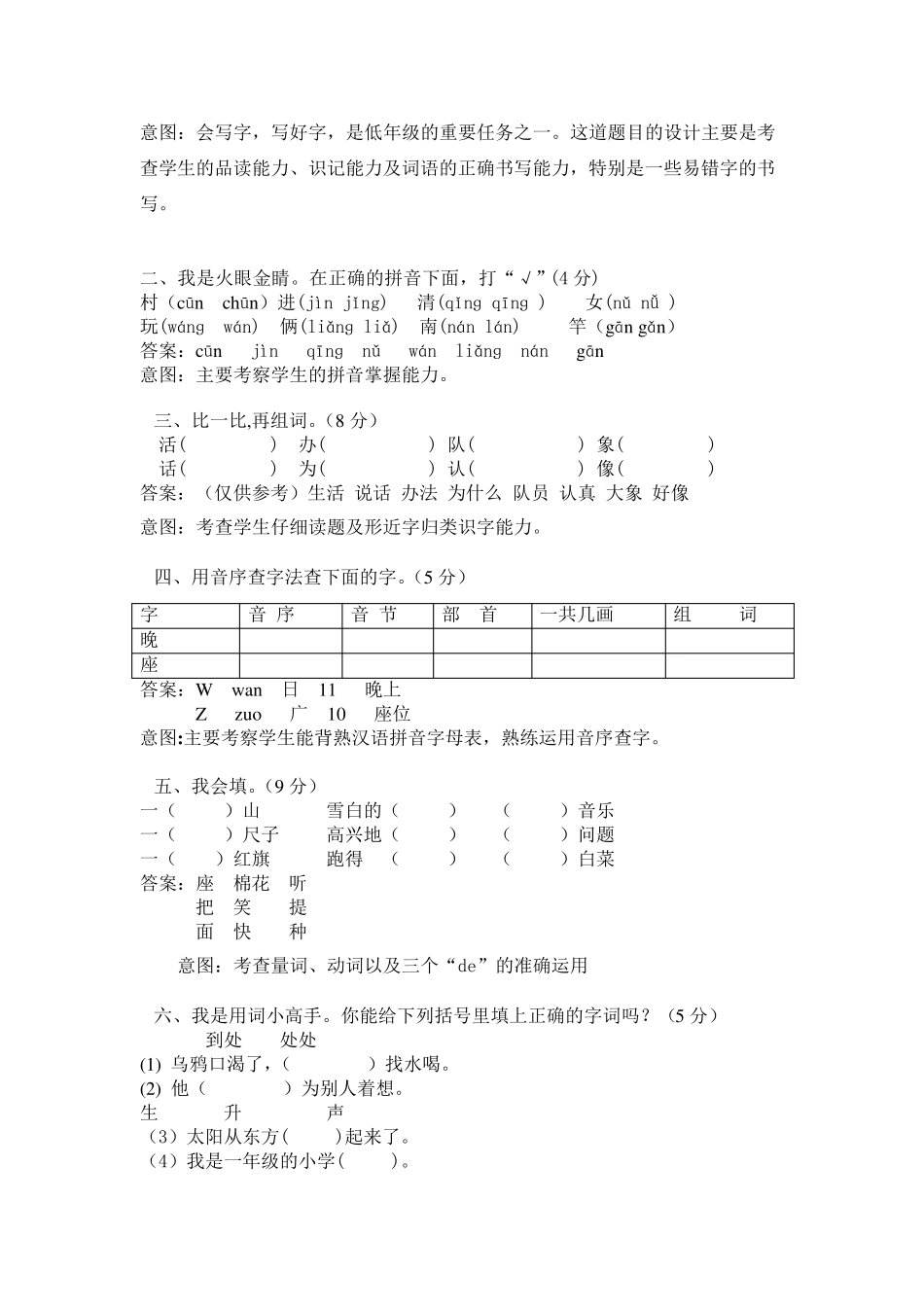 一年级下册语文专项能力检测,附命题意图及答案_第2页